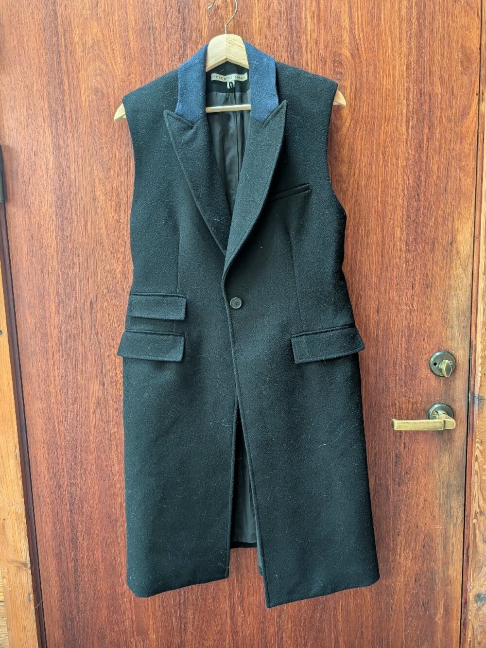 Veronica Beard Black Sleeveless Long Vest Coat Size 12 Wool Blend Belted Duster